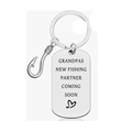 Detailed close-up of fishing keychain with engraved metal tag and fish hook pendant - Rectangular Tag Style (xk240-9) / 28x50mm