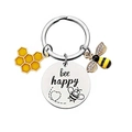 Bee Happy honeycomb keychain for teachers with silver bee charm and yellow hexagon pendant - Bee Happy Theme (xk266)
