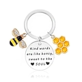 Bee keychain with honeycomb charm and engraved quote Kind words are like honey - Inspirational Quote Theme (xk267)