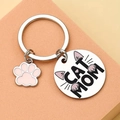 Porte-clés Cat Mom en acier inoxydable avec breloque patte rose et pendentif gravé - Style Imprimé UV (xk271) / Plaque Ronde 3cm