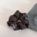 Detail of coffee brown fabric scrunchie with classic black and white checkered border edge - 3#Gray Large Scrunchie