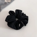 Detail of black wool scrunchie with silver bear pendant and Blind For Love text label - Black Grey Scrunchie