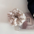 Detail of soft plush zebra print scrunchie with fluffy beige and brown faux fur texture - 5#Beige
