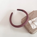 Detail of red and blue plaid headband with hand made label next to a vintage gift box - Red Plaid