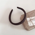Detail of vintage brown plaid sponge headband with a white handmade label on beige background - Coffee Purple Plaid