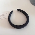 Detailed close-up of dark grey thick knitted headband with luxury brand inner label - 2# Black and Grey