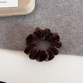 Detail of a dark brown velvet hair scrunchie with fine vertical texture on wooden tray - Dark Coffee Velvet Style / Coffee/Brown