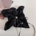 French chiffon lace polka dot hair scrunchie with black ribbon bow and crystal detail - Black