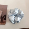 Detailed macro view of light blue satin scrunchie with white polka dot pattern - 5# Blue Polka Dot