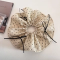 Scrunchie vintage francese color albicocca a pois con fiocchi di nastro nero per donna - Stile Fiocco