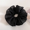 Dettaglio di un grande elastico in organza nera con trama velata e bordi plissettati - Nero