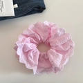 Detail of pink double-layered lace scrunchie with intricate floral embroidery - Pink
