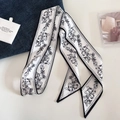 Vintage skinny silk scarf with black floral bow patterns and Happy text for women - Bowknot & Floral