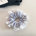 Detailed close-up of blue and white striped scrunchie with delicate white lace edging - Blue Stripe Lace Style