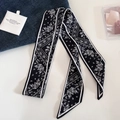 Retro black and white paisley silk scarf with narrow long skinny floral ribbon design - Small Paisley