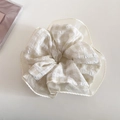 Detail of cream plaid hair scrunchie with sheer organza edges and wavy stitching - Beige