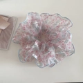 Floral tulle jumbo scrunchie with blue stitched edges and pastel flower patterns - Blue and Pink Floral