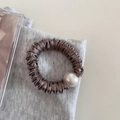 Detail of coffee brown satin scrunchie with a large decorative white pearl bead - 5# Berry Pink - Pearl Scrunchie