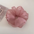 Detail of soft pink layered organza scrunchie with delicate white pearl embellishments - Pink