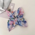Chouchou fleuri en mousseline avec longs rubans et motif aquarelle artistique - Style Nœud Dégradé Aquarelle (2# Bleu Rose) / Bleu Rose