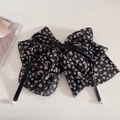 Detail of a large chiffon floral bow hair claw clip with ribbons and pearl drops - 2# Black Floral - Pearl Streamer