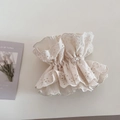 Detaillierte Makroansicht des beigen Spitzen-Haargummis mit floraler Lochstickerei - Beige Spitze Plissiert