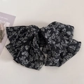 Pince à cheveux fleurie avec nœud en mousseline noire et motif de feuilles blanches - Floral Noir