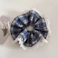 Vintage blue checkered scrunchie with white lace trim and heart pattern prints - Large Hem Style