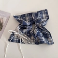 Detail of blue plaid hair scrunchie with white lace edges, pearls, and ribbon bow - Scarf Style