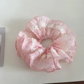 Detailansicht eines rosa Haargummis aus Netzstoff mit Spitze und zarten Punkten - Rosa