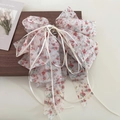 Pinza per capelli a fiocco in chiffon floreale con lunghi nastri bianchi per acconciature - Floreale Rosa Profondo