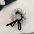 Elastico per capelli vintage a pois neri e bianchi con fiocco e ciondolo di perla - Nero