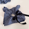 Collare per animali a quadretti blu con fiocco di raso nero e piccoli cuori - Scrunchie Nastro Quadretti Navy