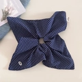 Detail of navy blue polka dot scrunchie with handmade label and bow badge on soft fabric - 2# Navy Polka Dot Scarf Scrunchie