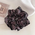 Vintage black paisley scrunchie with purple patterns and elegant satin texture - Black