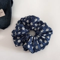 Close-up of denim blue hair scrunchie with white daisy embroidery and premium fabric texture - Large Hoop / Dark Blue Floral