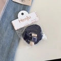 Close-up of sweet navy blue hair ties with cream beads and plaid detail on display card - 3 Pieces Set / 8# Navy Blue