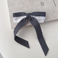 Elegant grey fabric bow hair clip with white lace trim and long ribbons for women - Long Ribbon Style (JH-0342)