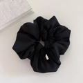 Elegant large black silk scrunchie with a silver handmade metal tag for women hair - Black
