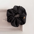 Vintage black polka dot corduroy scrunchie with metal charm and branded woven label - Dark Gray