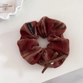 Detail of vintage brown plaid hair scrunchie with silver heart charm and bow ribbon - 6# Reddish Brown-Scrunchie Style