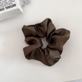 Detailed close-up of dark brown satin scrunchie with metallic shimmer and pleated texture - Mustard Green