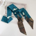 Elegant retro silk twilly scarf with crane and traditional architecture pattern design - Dark Teal Crane Architecture Print (2#)