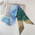 Macro detail of French oil painting style silk scarf on a linen tray background - Classic Impressionist Blue Green Yellow Print (4#)