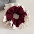 Vintage lace scrunchie in burgundy and white, layered fabric for elegant ponytails - Red