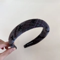 Retro plaid wool thick sponge headband with vintage checkered pattern and handmade lining - Grey Blue Plaid