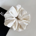 Macro detail of high-quality cream satin fabric texture on a large oversized scrunchie - Large / Milk White