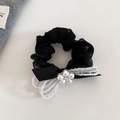 Elegante elastico per capelli in tulle nero con fiore di perle e piccoli strass - Elastico per Capelli con Fiocco di Perle