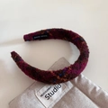Close-up of retro tweed padded headband with colorful woven texture and handmade label - Rose Red Series - Sponge Headband