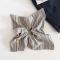 Detailed close-up of grey plaid fabric hair scrunchie with white lace edge and gold bow tag - 4# Green Stripe Scarf Scrunchie